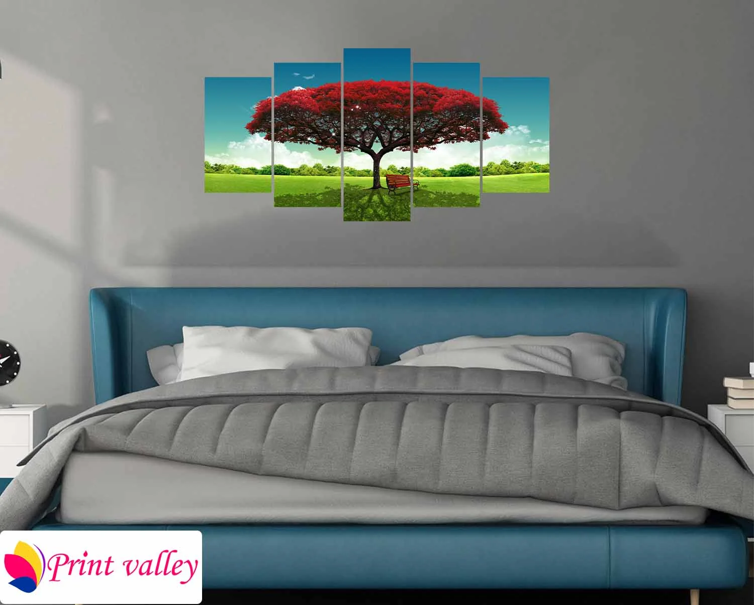Red Leaf Tree Landscape Canvas – Premium Nature Wall Art । 5 Piece । Print Valley - Image 3