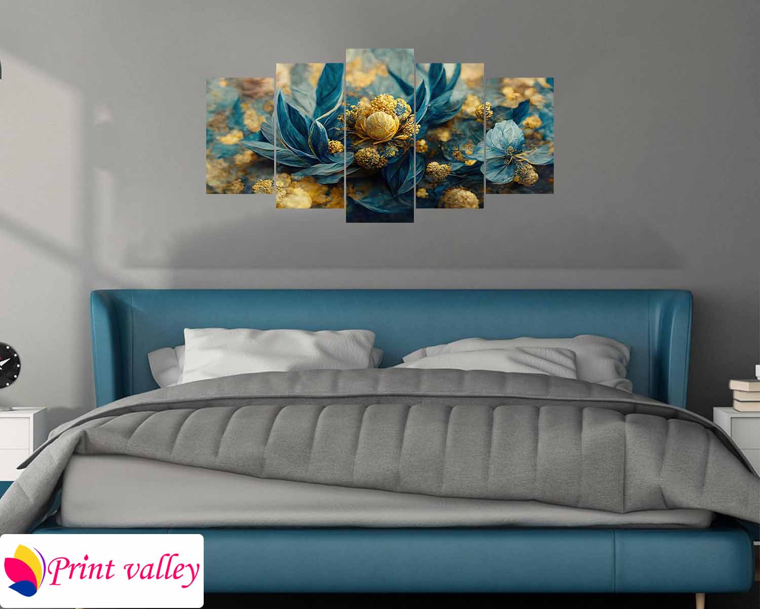 Blue Gold Floral Art Canvas – Elegant Nature-Inspired Wall Decor । 5 Piece । Print Valley - Image 3