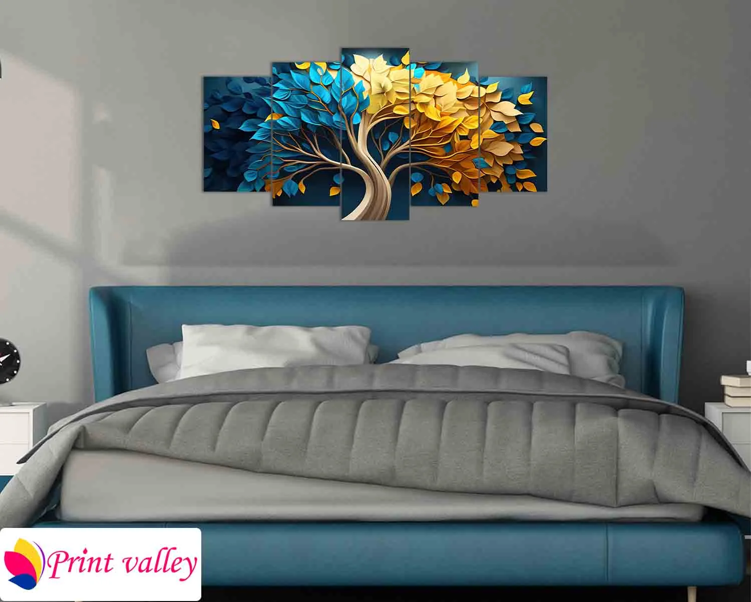 3D Dual-Tone Leaf Tree Canvas Art – Luxury Nature Wall Decor | 5 Piece | Print Valley - Image 3