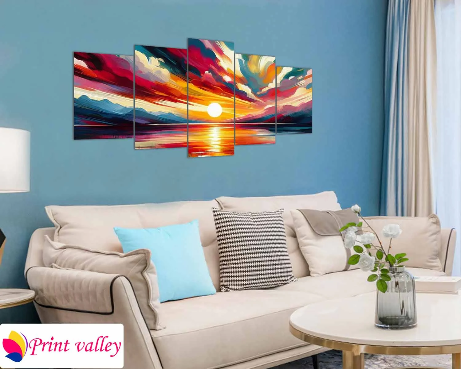 Vibrant Sunset Landscape Wall Canvas – Colorful Evening Sky & Sea Horizon Art । 5 Piece । Print Valley - Image 4