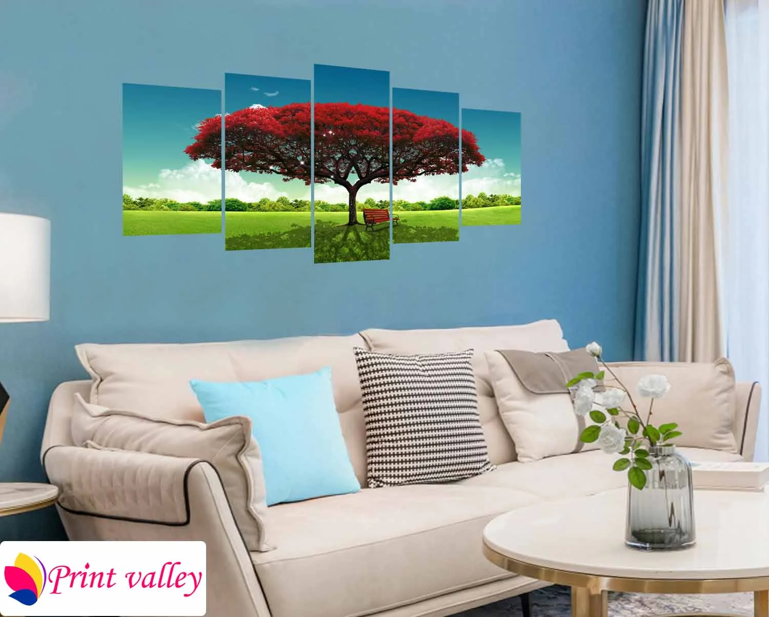 Red Leaf Tree Landscape Canvas – Premium Nature Wall Art । 5 Piece । Print Valley - Image 4