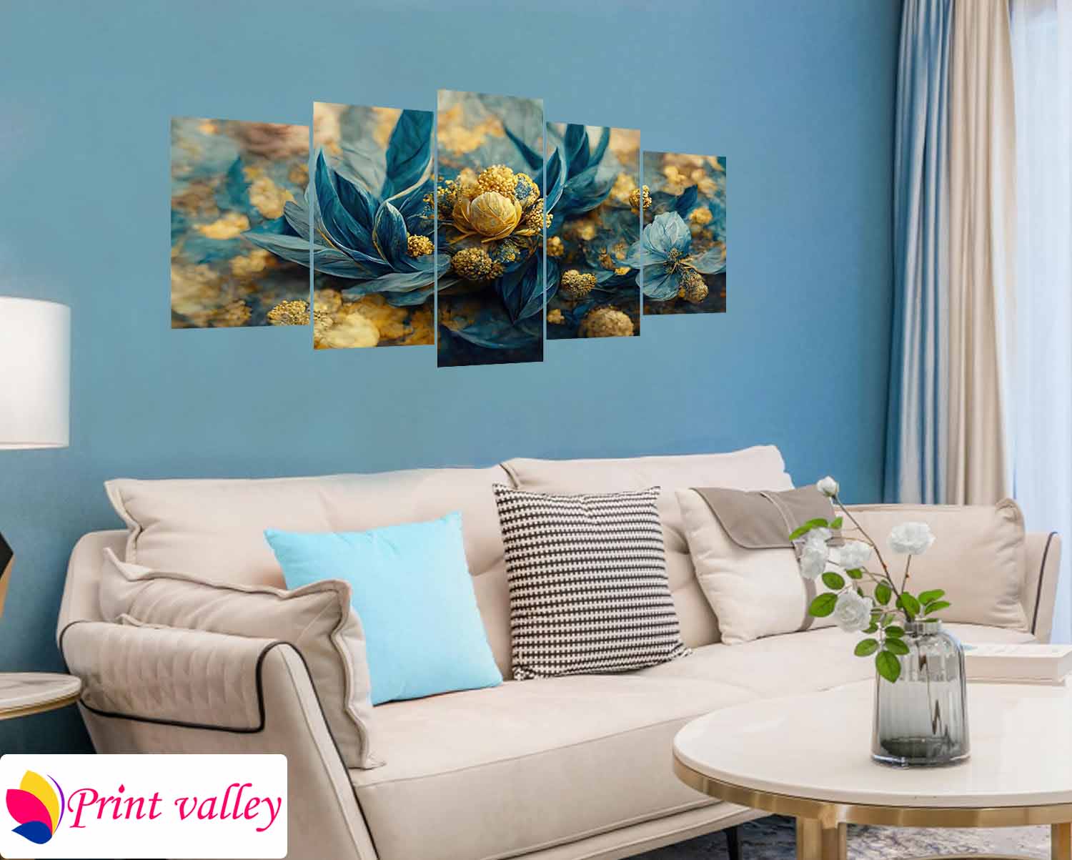 Blue Gold Floral Art Canvas – Elegant Nature-Inspired Wall Decor । 5 Piece । Print Valley - Image 4