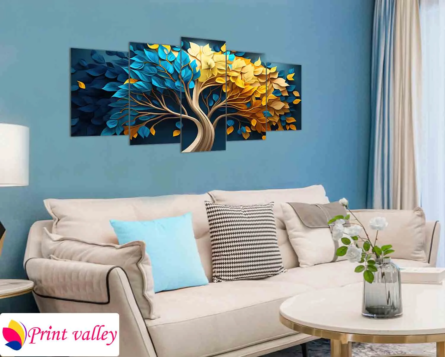 3D Dual-Tone Leaf Tree Canvas Art – Luxury Nature Wall Decor | 5 Piece | Print Valley - Image 4