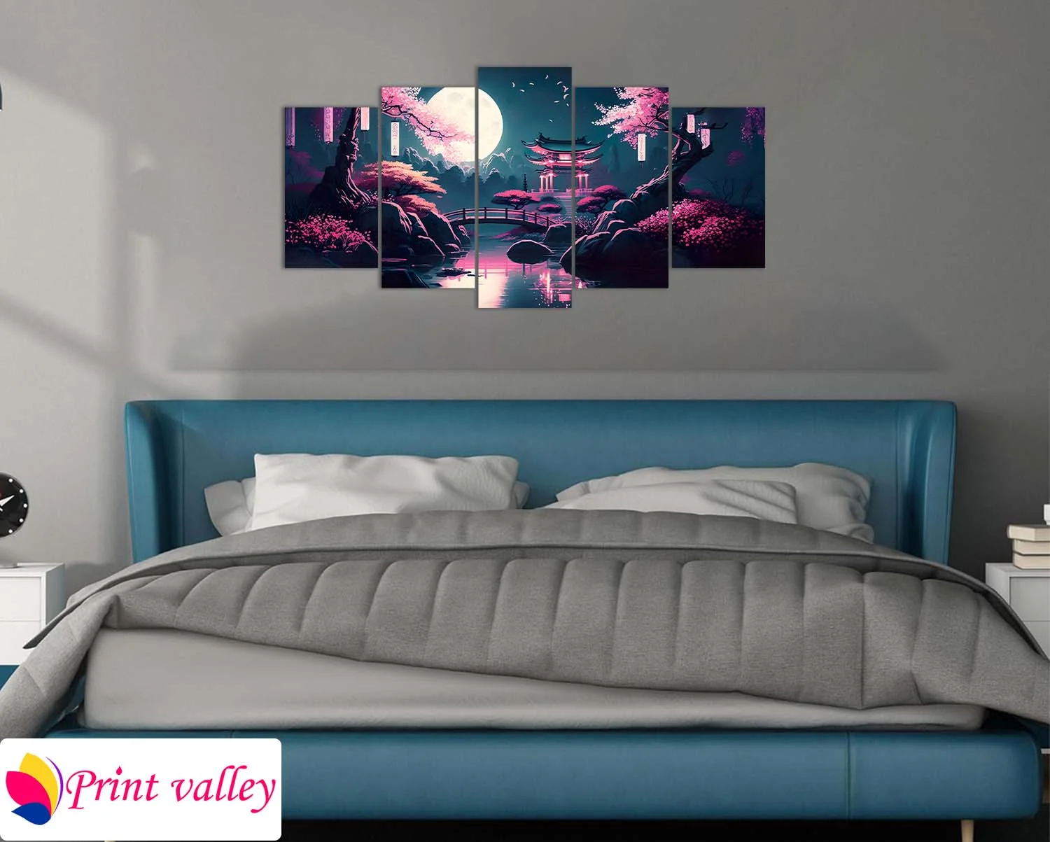 Moonlit Japanese Garden Landscape । Modern Art । 5 Piece । Print Valley - Image 3