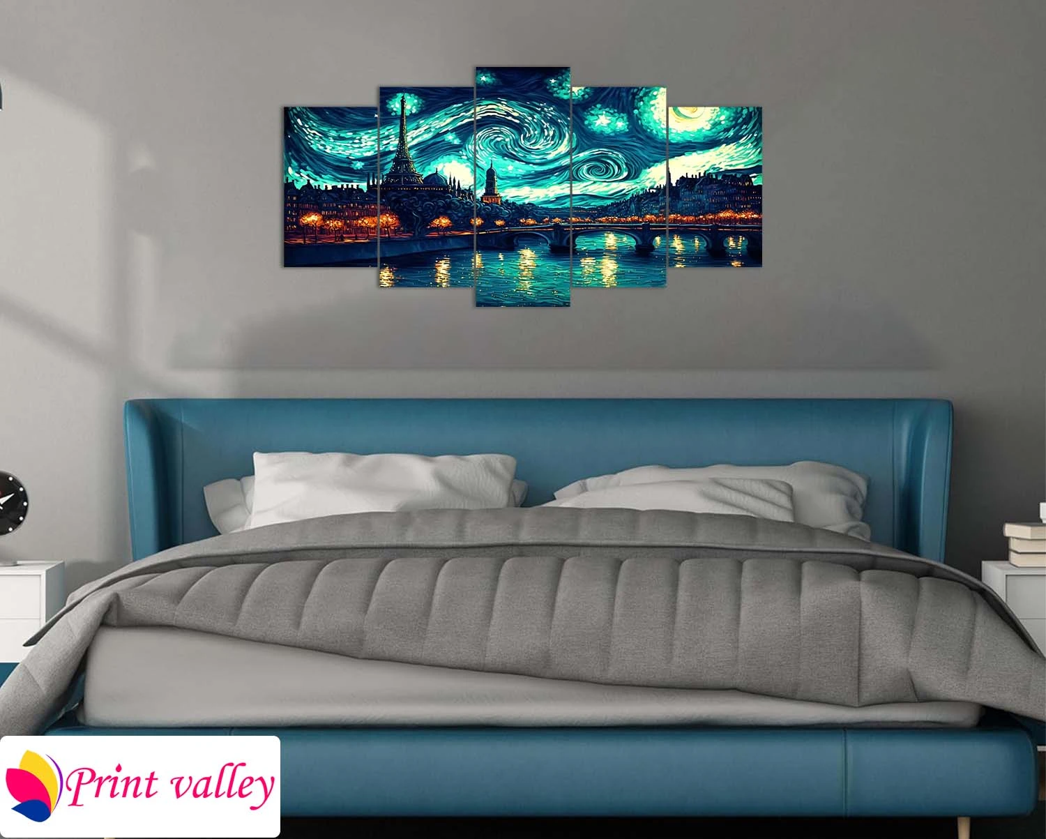 Starry Night Cityscape Wall Canvas – Elegant & Modern Artistic Skyline | 5 Piece | Print Valley - Image 3