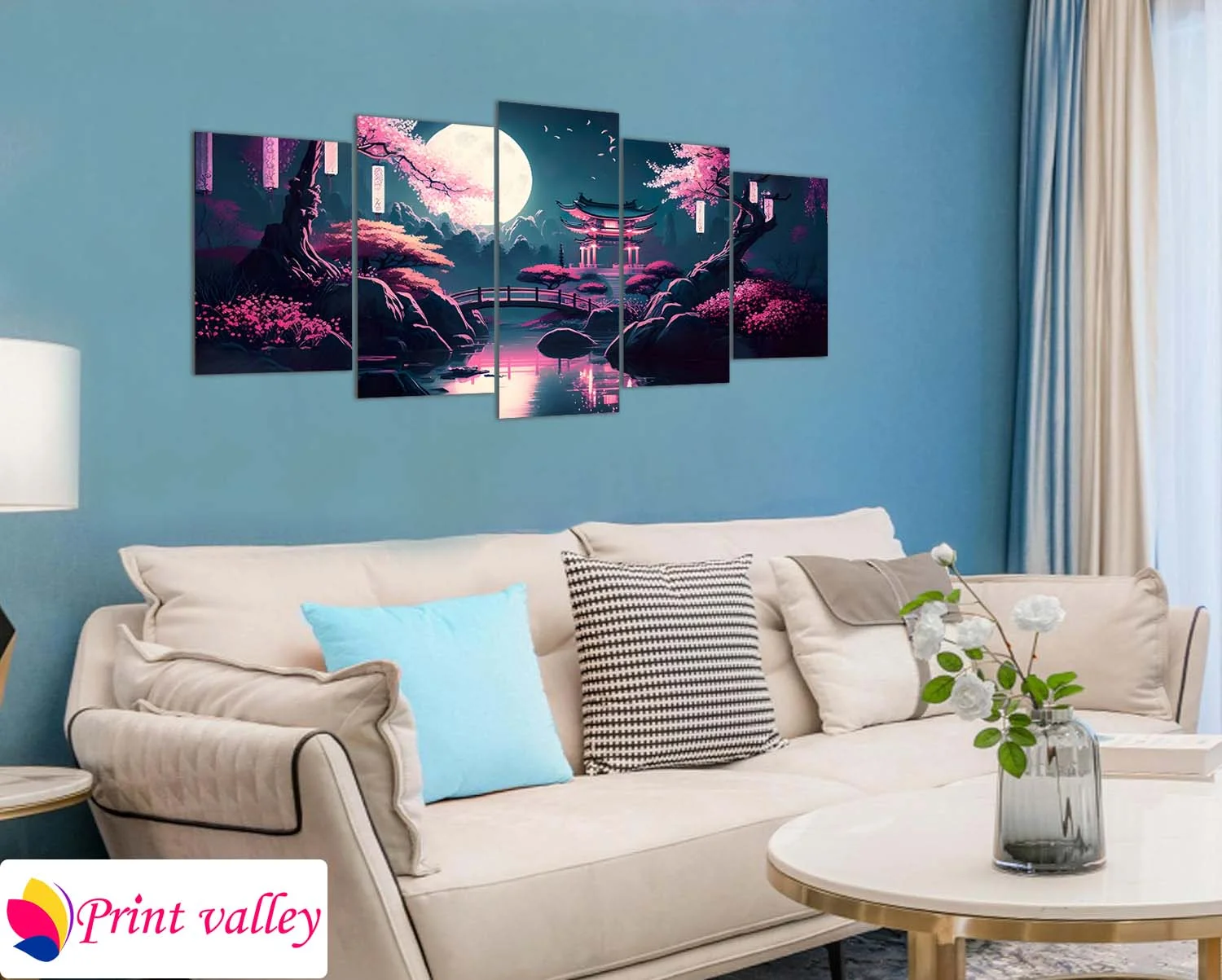 Moonlit Japanese Garden Landscape । Modern Art । 5 Piece । Print Valley - Image 4