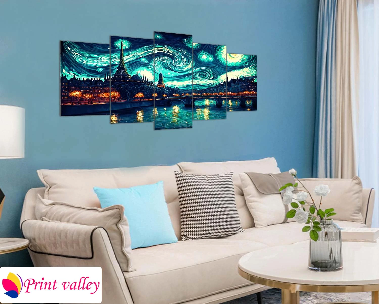 Starry Night Cityscape Wall Canvas – Elegant & Modern Artistic Skyline | 5 Piece | Print Valley - Image 4