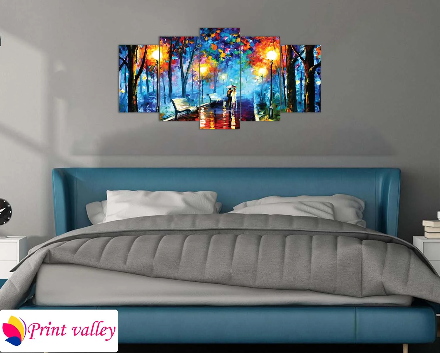 Romantic Rainy Evening Couple Canvas – Colorful Abstract Park Artwork for Home Decor | 5 Piece | Print Valley - Image 3