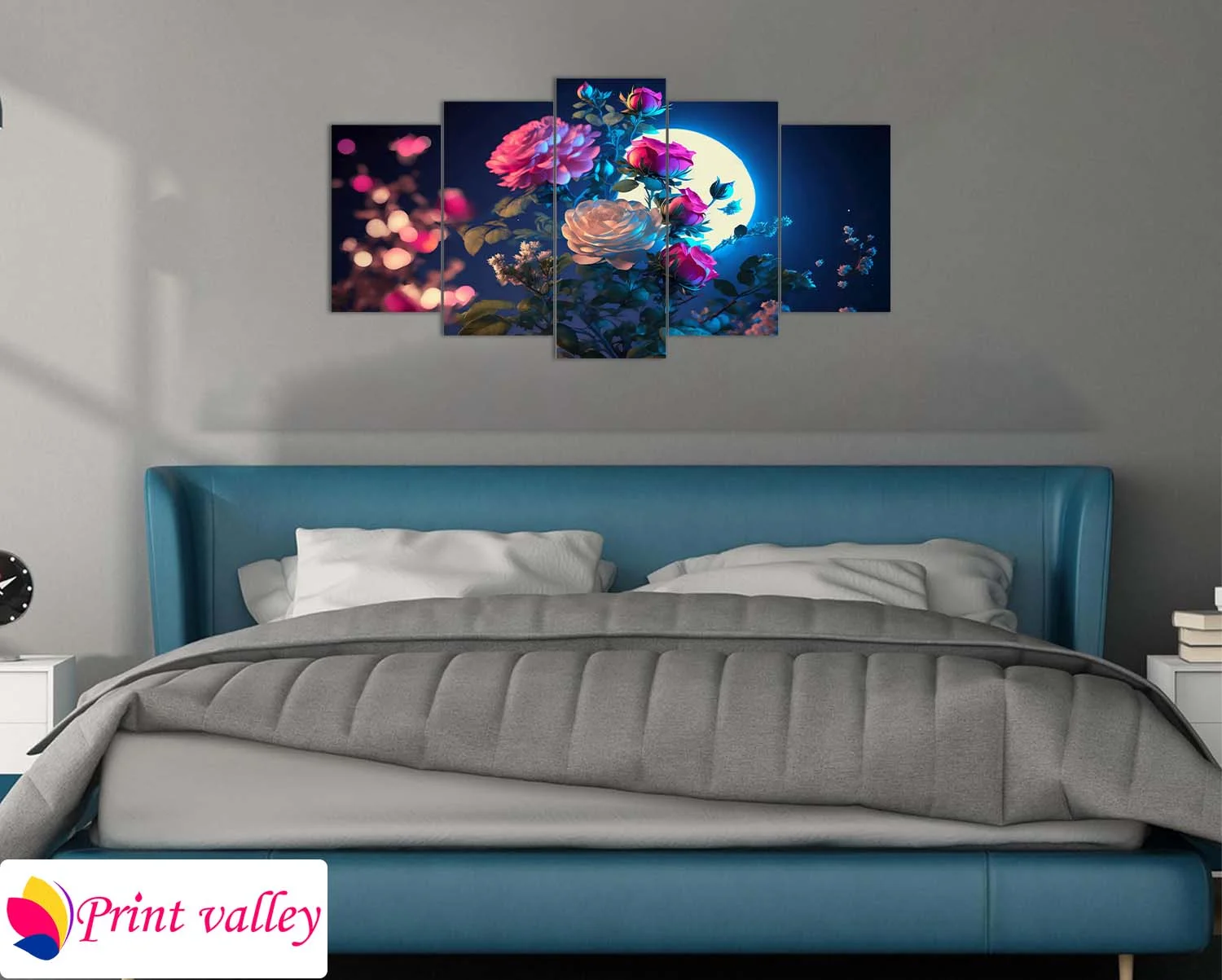 Moonlit Floral Night Canvas – Dreamy Rose Artwork for Bedroom & Living Decor | 5 Piece | Print Valley - Image 3