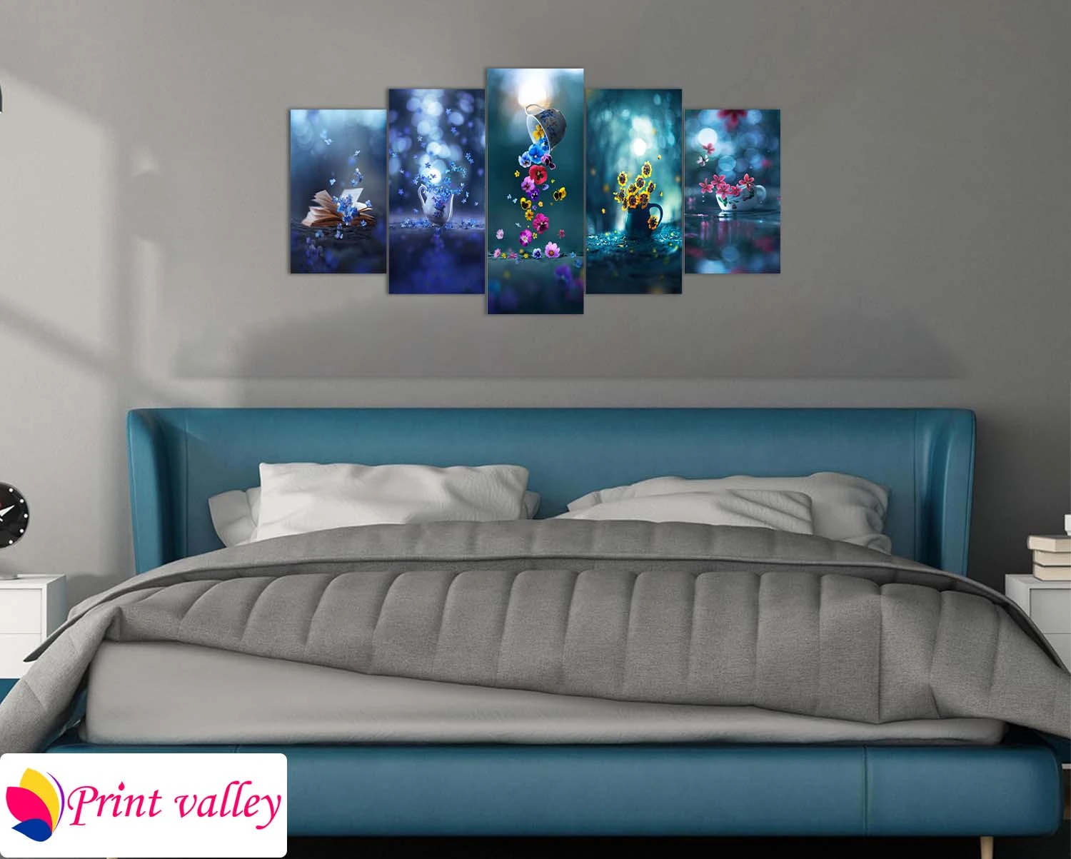 Dreamy Blue Floral Fantasy Canvas Art – Modern Aesthetic Wall Decor । 5 Piece । Print Valley - Image 3