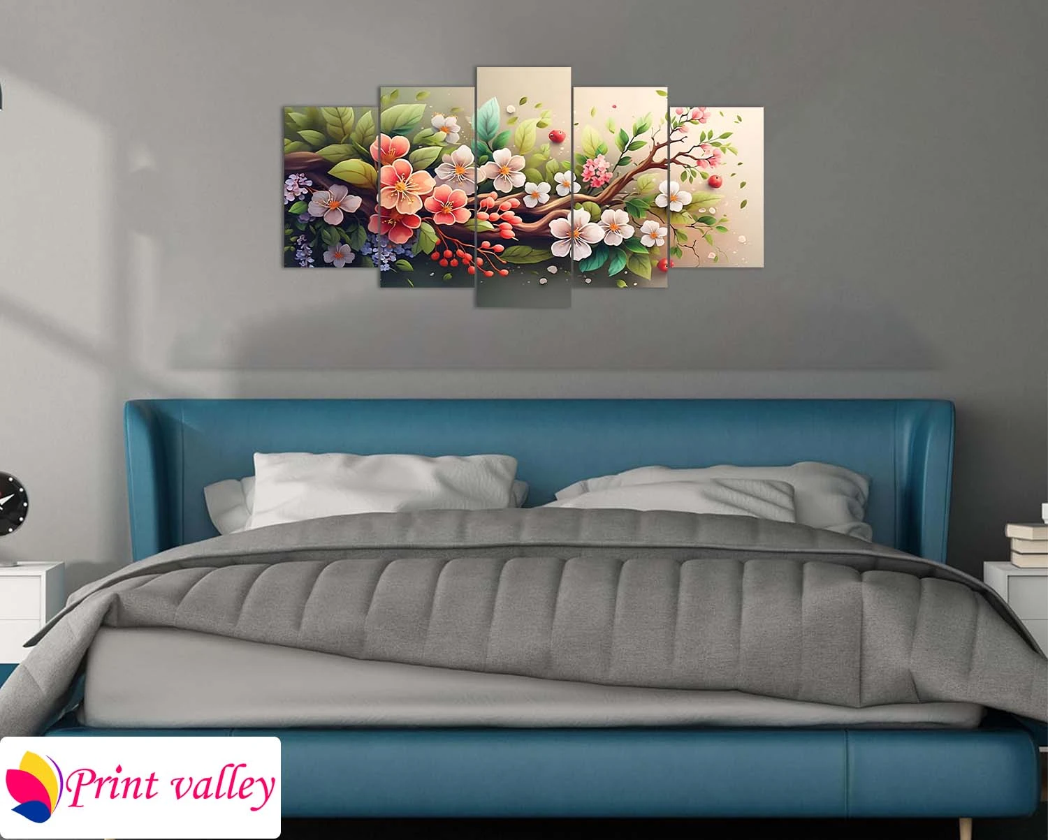 Spring Blossom Floral Canvas – Soft Pastel Flower Artwork for Living & Bedroom Decor | 5 Piece | Print Valley - Image 3
