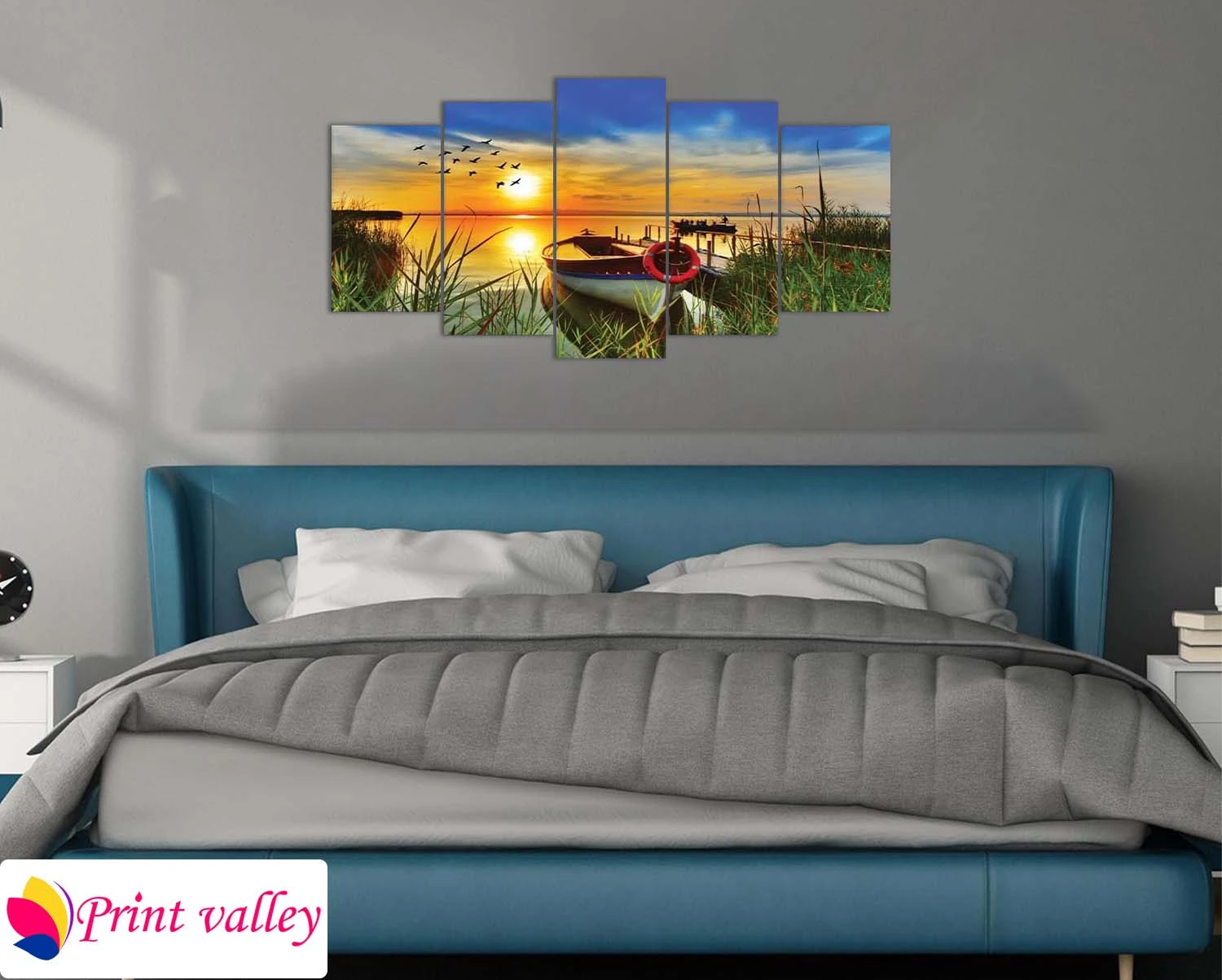 Sunset Lake Boat Landscape Wall Canvas — 5 Piece | Print Valley - Image 3