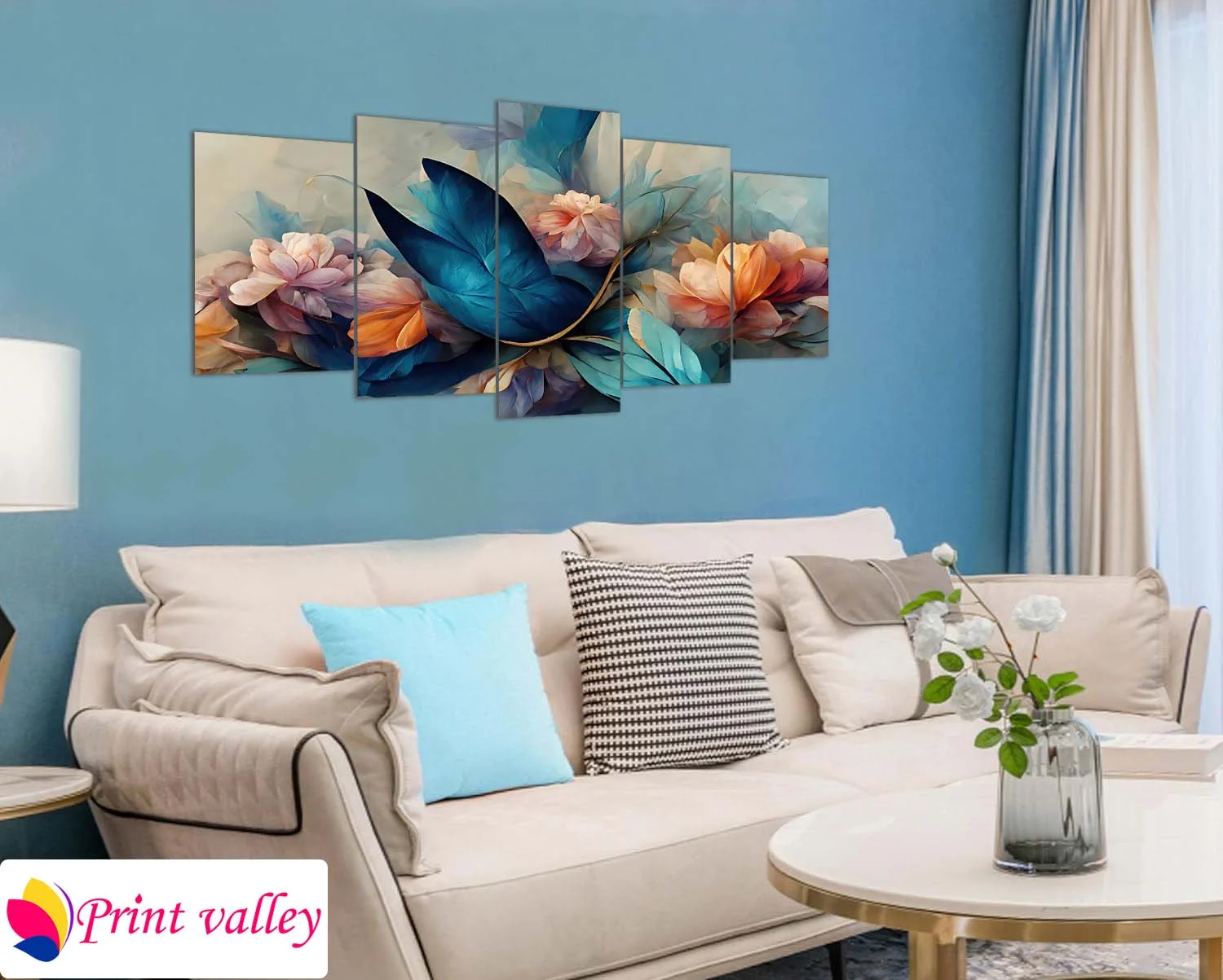 Floral Harmony Bloom Wall Canvas – Elegant 5 Piece Art for Living Room Decor | Print Valley - Image 4