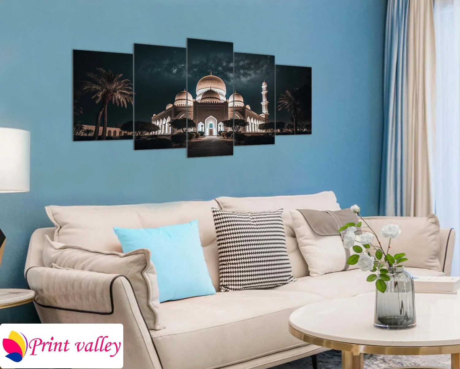 Sheikh Zayed Grand Mosque Night View Wall Decor — Elegant Islamic Architecture Art । 5 Piece । Print Valley - Image 4