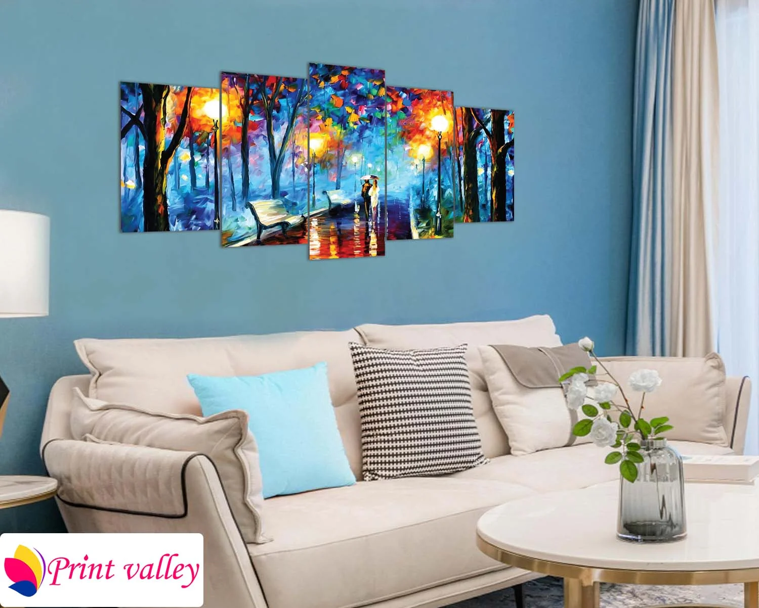 Romantic Rainy Evening Couple Canvas – Colorful Abstract Park Artwork for Home Decor | 5 Piece | Print Valley - Image 4