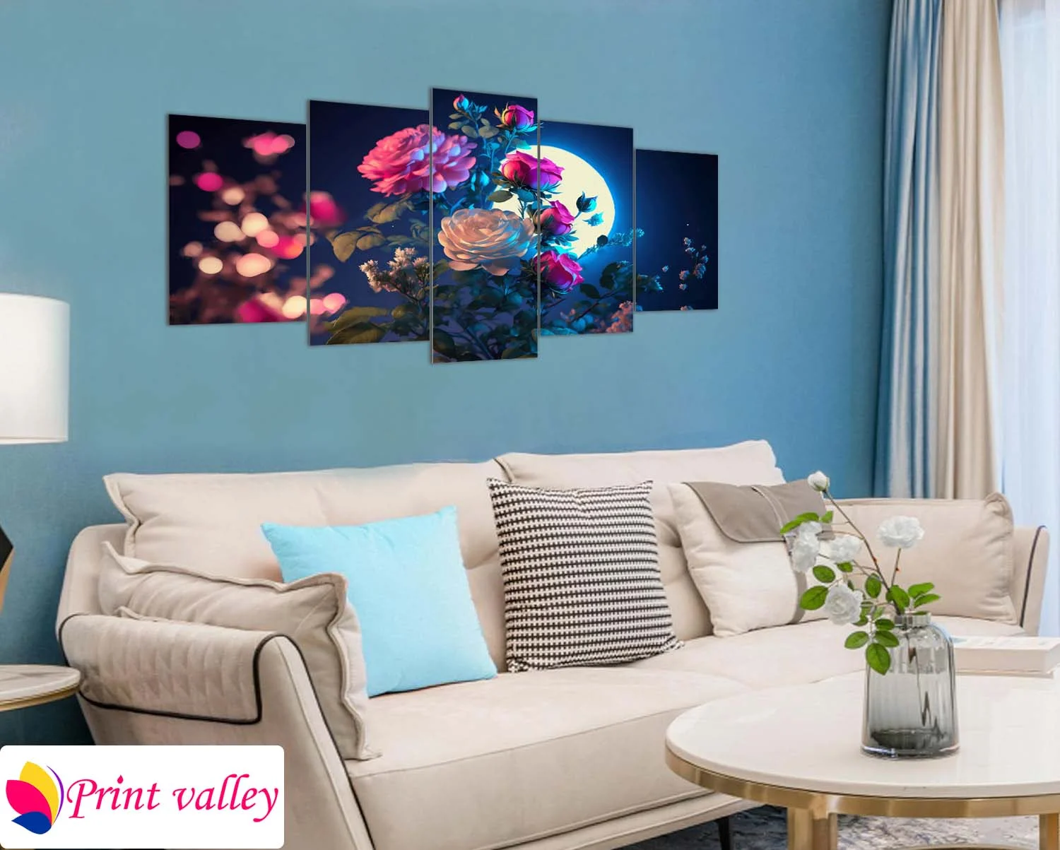Moonlit Floral Night Canvas – Dreamy Rose Artwork for Bedroom & Living Decor | 5 Piece | Print Valley - Image 4