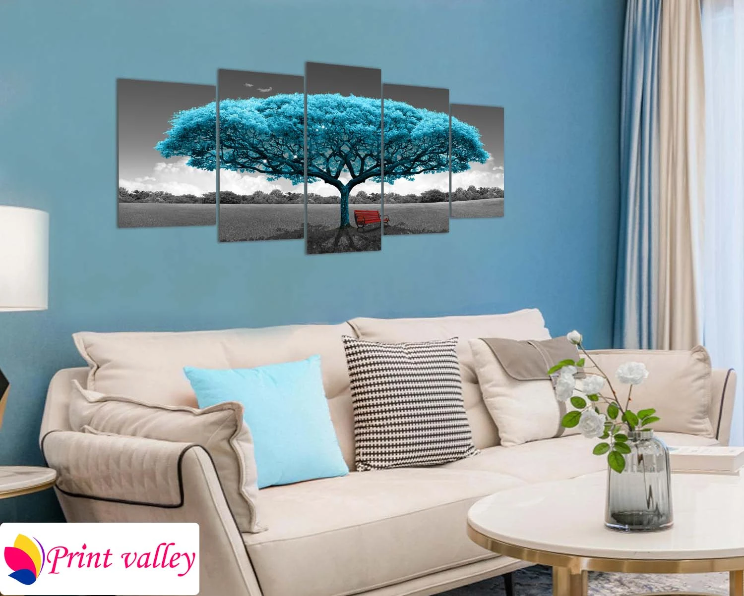 Blue Fantasy Tree Landscape Canvas – Artistic Nature Wall Decor । 5 Piece । Print Valley - Image 4