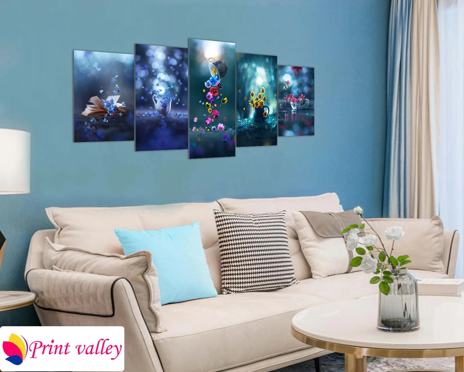 Dreamy Blue Floral Fantasy Canvas Art – Modern Aesthetic Wall Decor । 5 Piece । Print Valley - Image 4