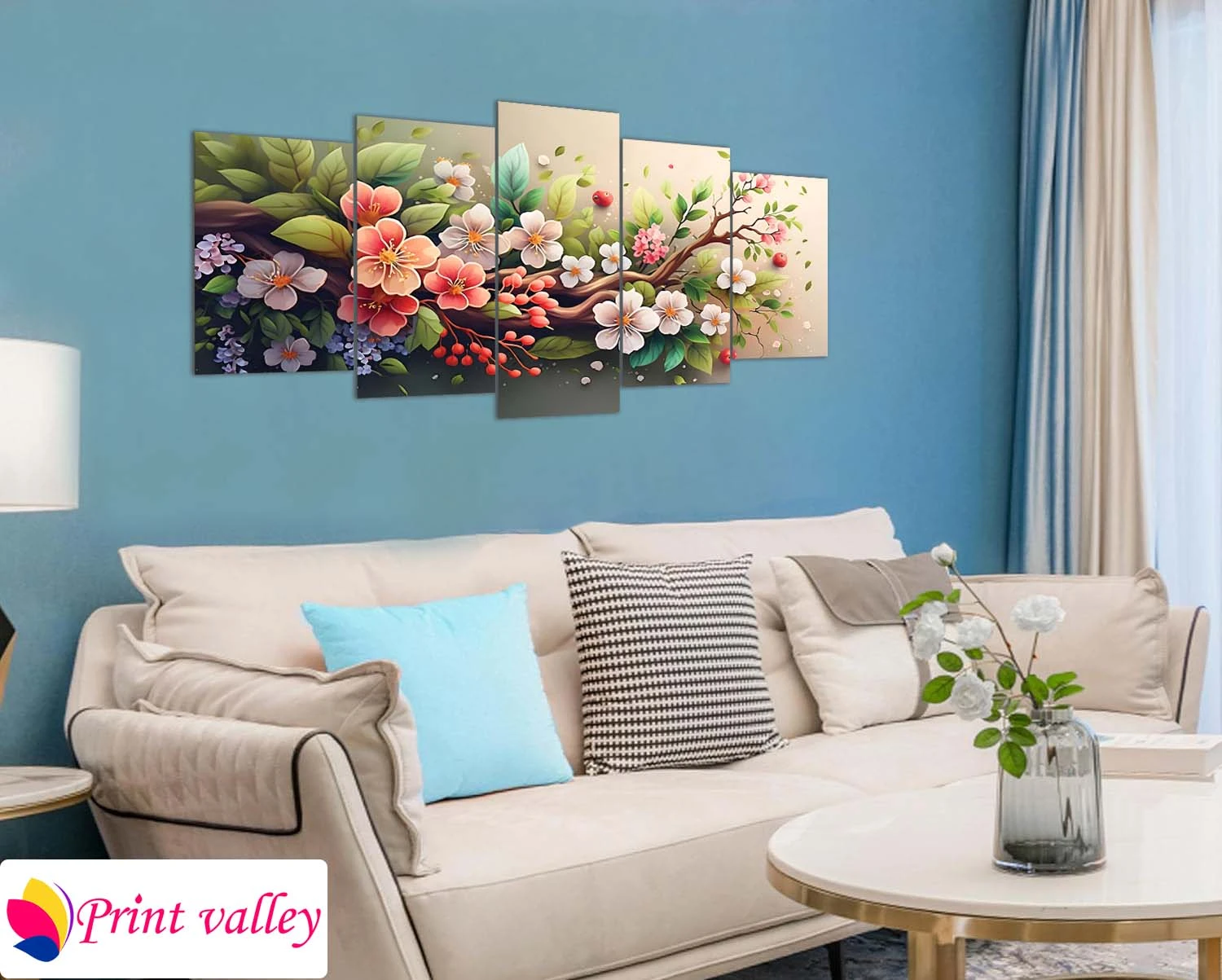 Spring Blossom Floral Canvas – Soft Pastel Flower Artwork for Living & Bedroom Decor | 5 Piece | Print Valley - Image 4