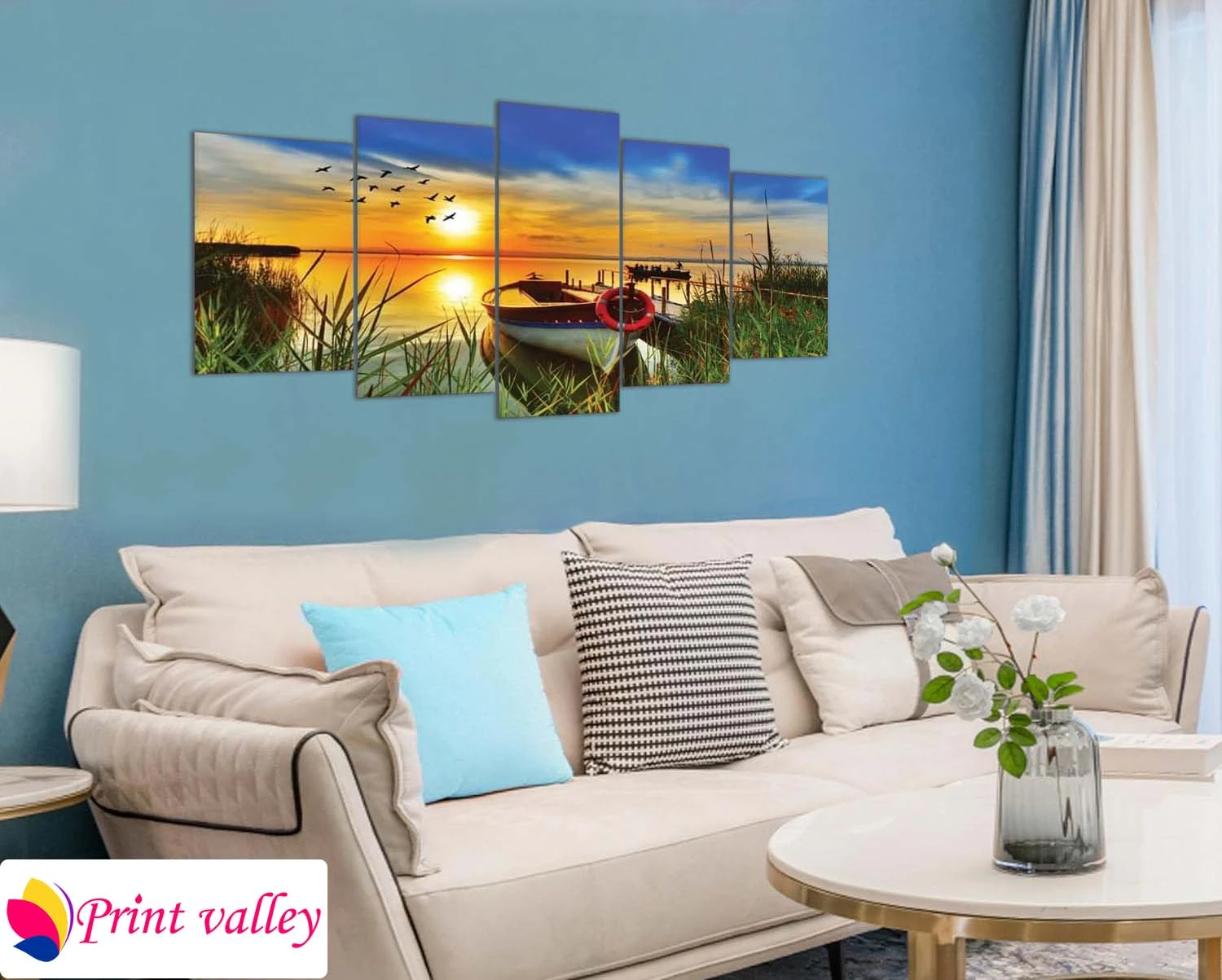 Sunset Lake Boat Landscape Wall Canvas — 5 Piece | Print Valley - Image 4