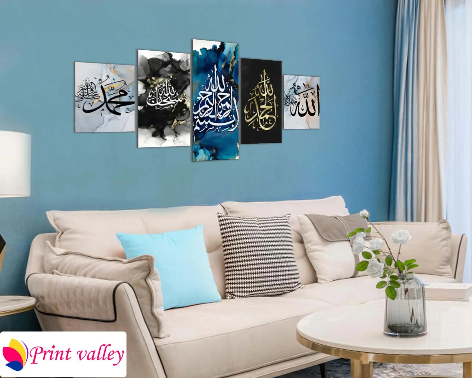 Islamic Calligraphy Marble Texture Canvas – Modern Blue & Gold Arabic Wall Art । 5 Piece । Print Valley - Image 4