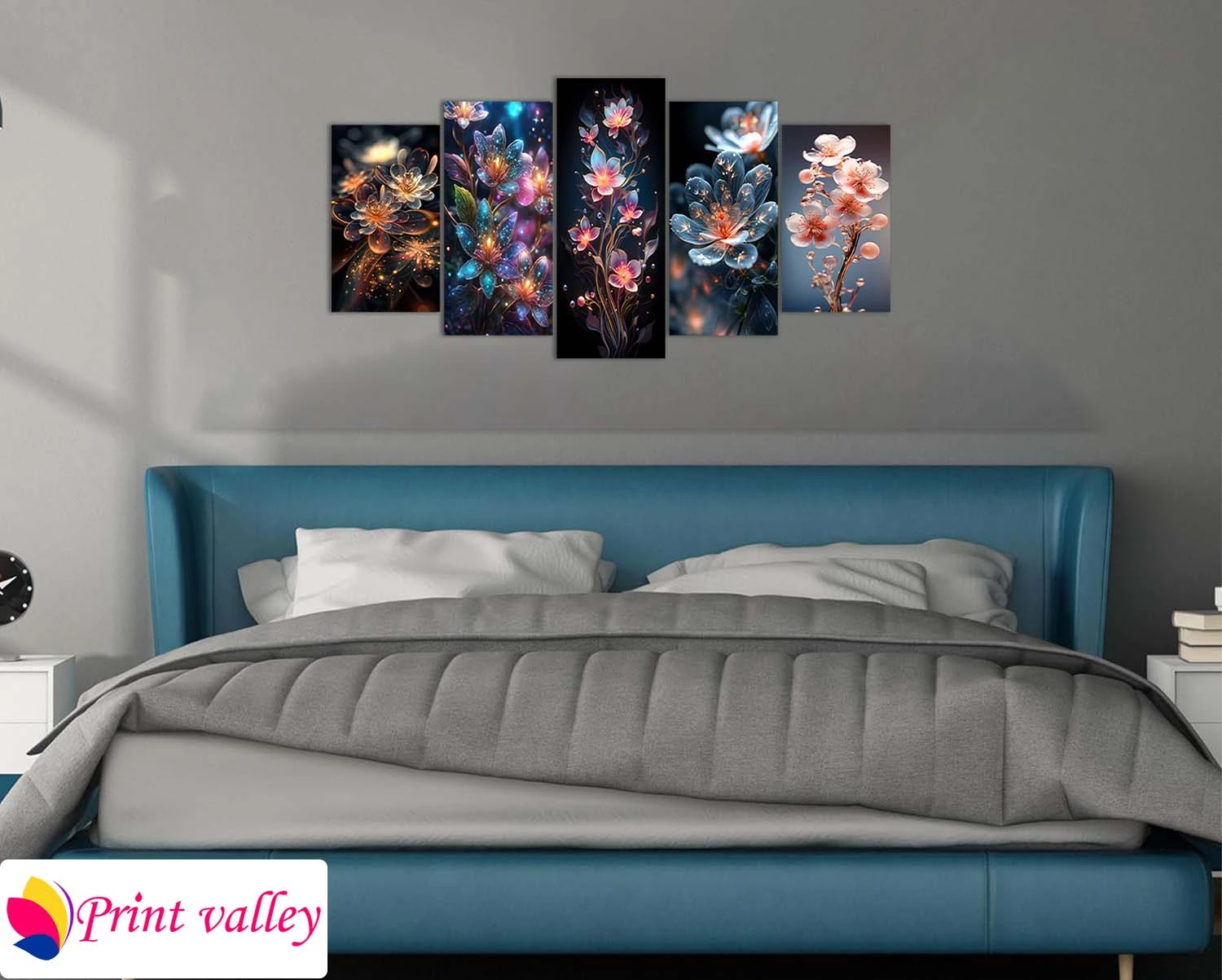 Fantasy Floral Artwork Canvas – Magic Glow Flower Wall Art for Home Decor | 5 Piece | Print Valley - Image 3