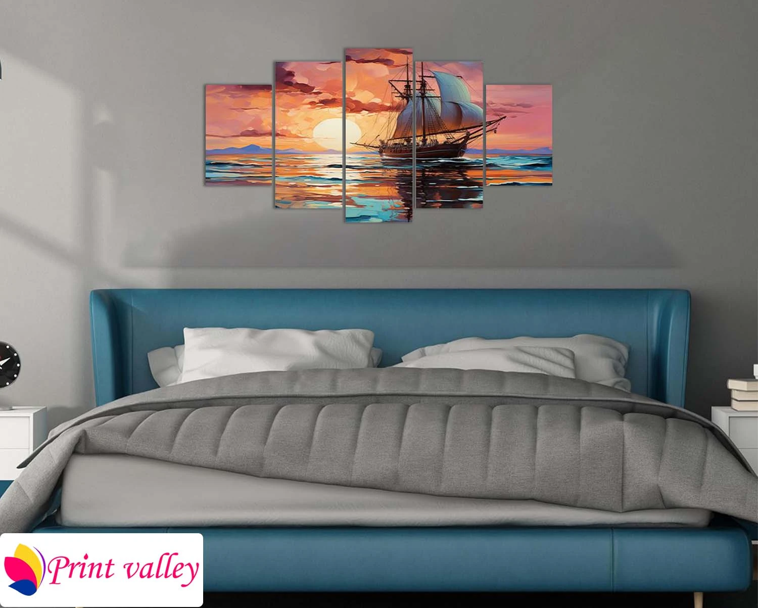 Sunset Sailboat Painting – Ocean Sunset Wall Art । 5 Piece । Print Valley - Image 3