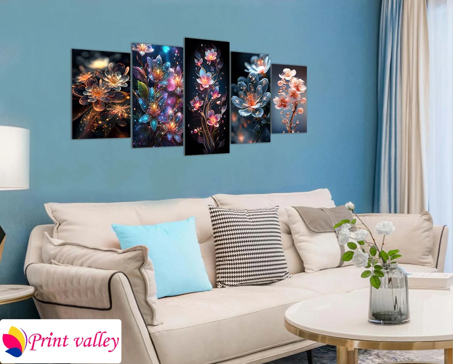 Fantasy Floral Artwork Canvas – Magic Glow Flower Wall Art for Home Decor | 5 Piece | Print Valley - Image 4