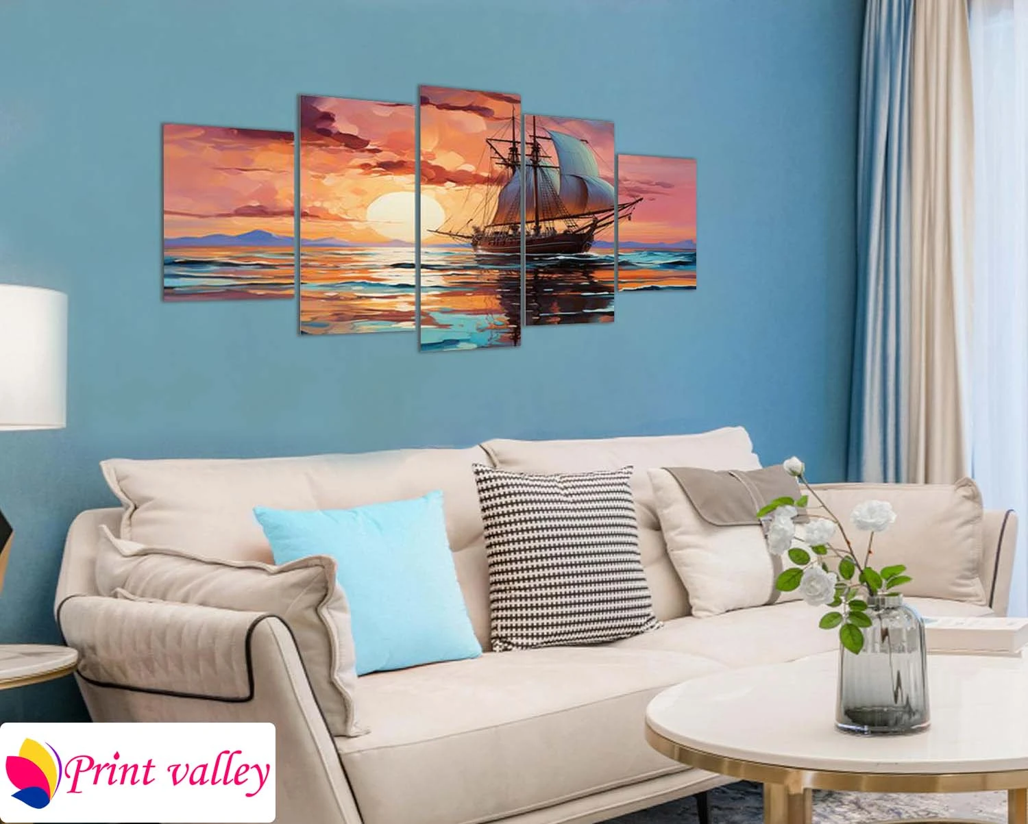 Sunset Sailboat Painting – Ocean Sunset Wall Art । 5 Piece । Print Valley - Image 4